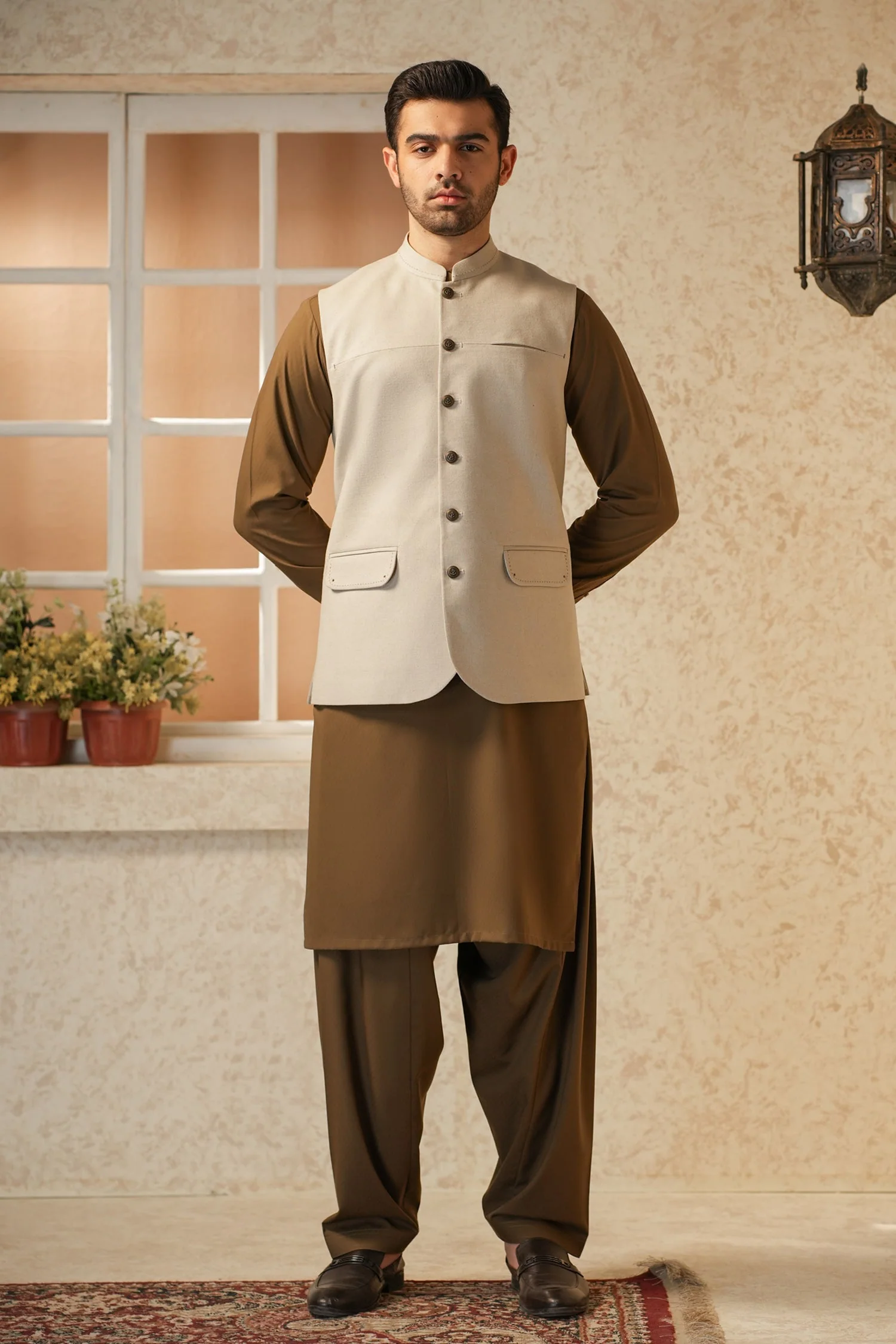 MENS BASIC WAISTCOAT - LIGHT BROWN AWF2527 - Image 4