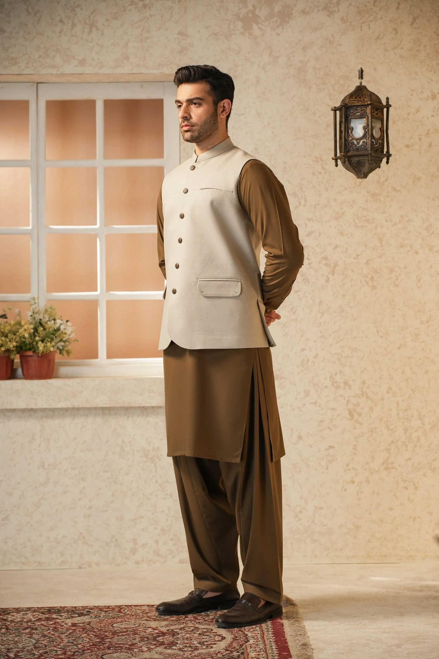 MENS BASIC WAISTCOAT - LIGHT BROWN AWF2527 - Image 5
