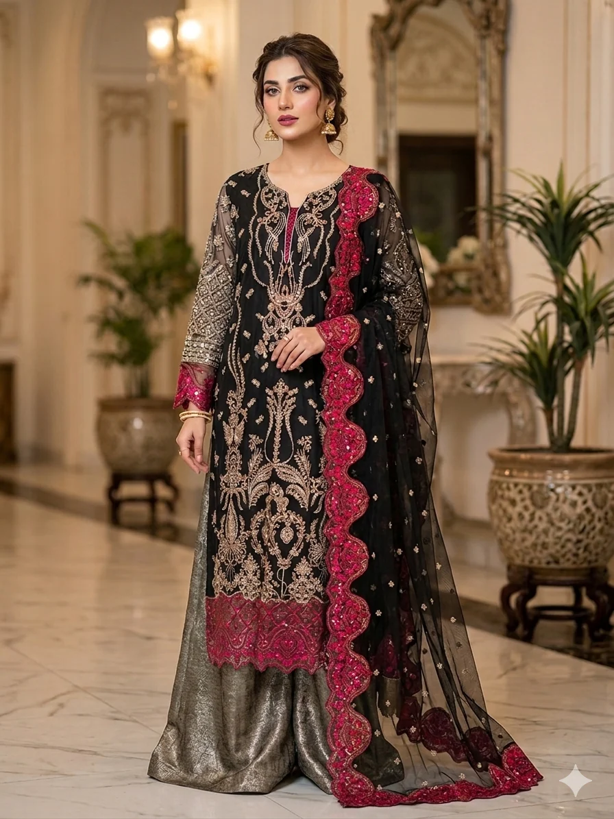 Festive Stitched Net 3 Piece MW24055